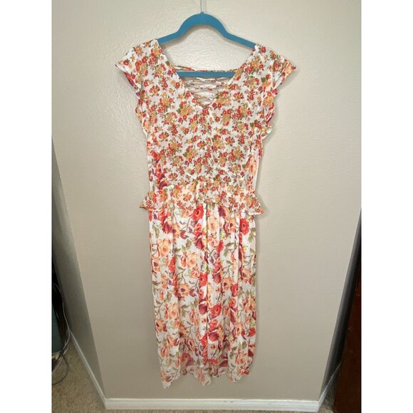 Anthropology Fig & Flower Womens Floral Print Dress Lace-Up Back Cap Sleeve L - Picture 2 of 8